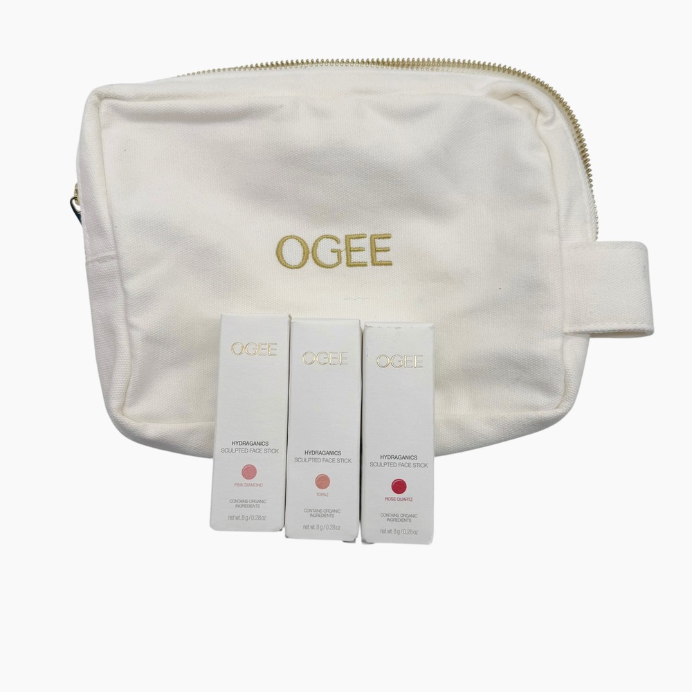 Ogee Hydraganics Sculpted Face Stick Trio Pink Diamond Topaz Rose Quartz Bag